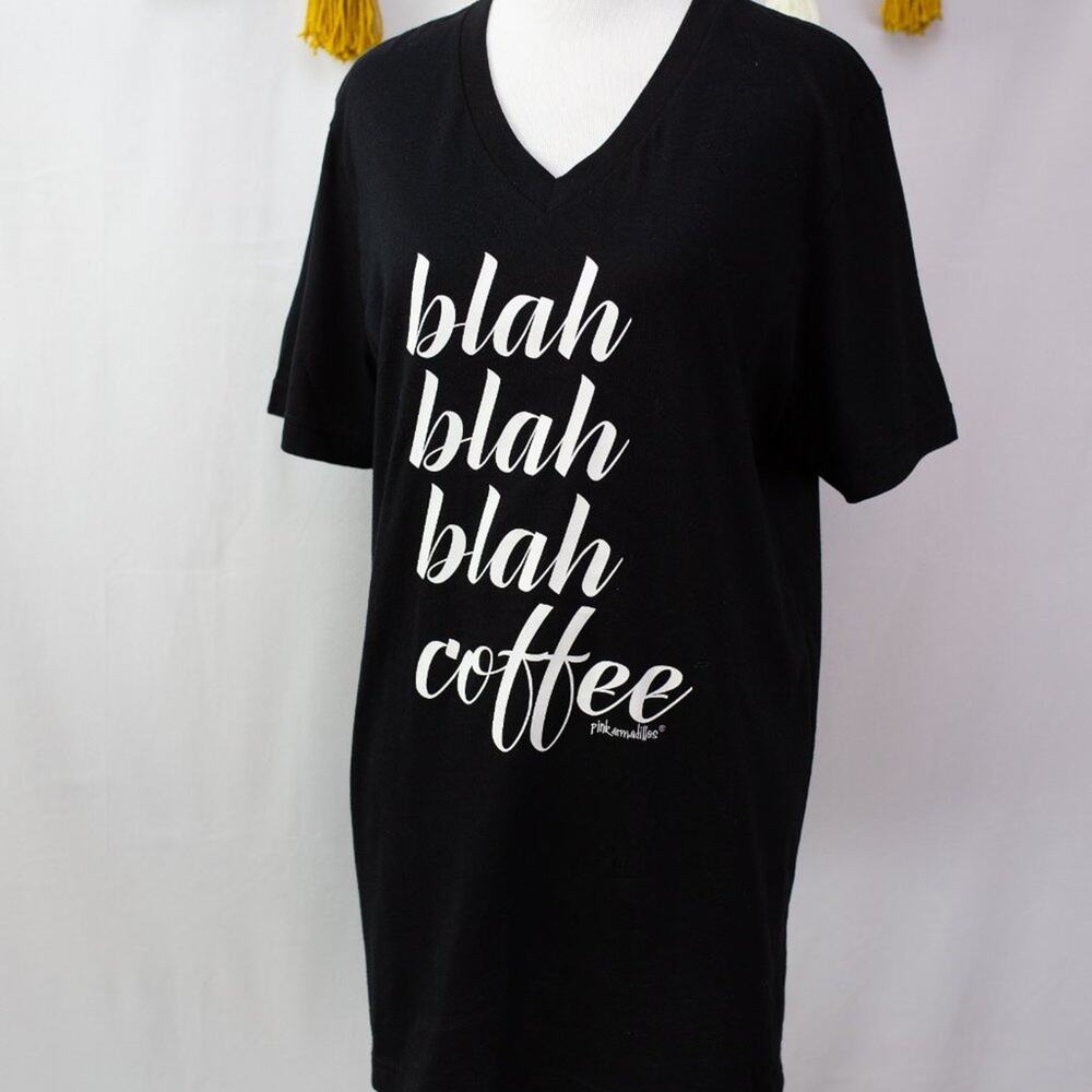Color Image NEW Black V-Neck Short Sleeve Tee Shirt Blah Blah Blah Coffee Large